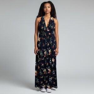 Vtg 60s/70s Gay Gibson Floral Halter Maxi Dress Navy Boho